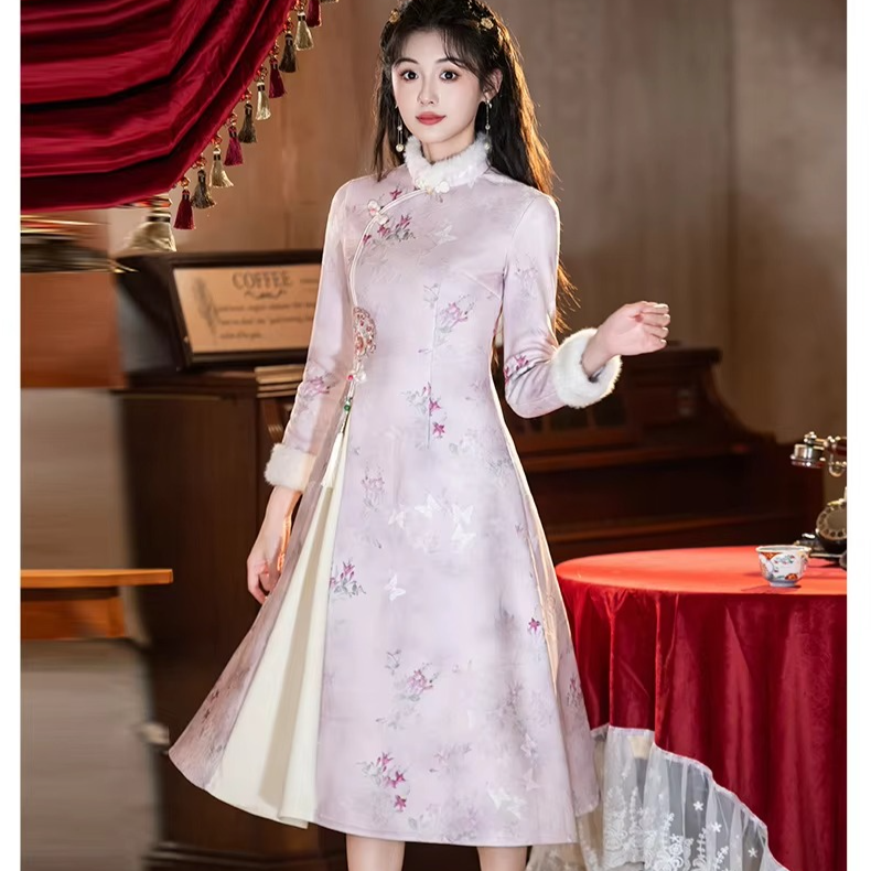 Pink Aodi Qipao Improved Chinese Stye Dress Women Warm Chesongam Princess Style Evening Party Vestidos Hanfu Dress for Lady