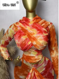 Tie Dye Printed Women Set Wrap Crop Top + Ruched Maxi Skirt 2026 Summer Beach Vacation Birthday Two Piece Set Outfits