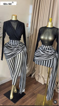 Women Two Piece Pants Set Black Mesh Long Sleeve Top with Black White Geometric Print High Waist Ruched Pants Going Out