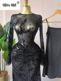 Women Long Sleeve Stacked Mesh See Though with Lining Bodycon Long Dress 2025 Autumn Evening Birthday Sexy Party Dresses