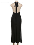 Halter Backless Dress Women Summer Trend Elegant Side Split Deep V-Neck Long Bodycon Midnight Party Ruched Vestidos