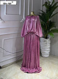 Women Shiny Fuchsia Drawstring Neck Batwing Sleeve Maxi Pleated Dress Fall Street Party Sweet Beach Elegant Long Dresses