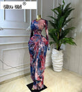 Women Tie Dye Print O-neck Ruched Ribbon Long Dress 2026 Spring Street Evening Birthday Club Party Vestidos Sexy Dresses