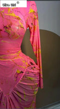 Women Tie Dye Printed Stacked Ruched Long Sleeve Midi Bodycon Maxi Long Dress Birthday Party Education Trendy Dresses