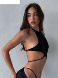 Hollow Straps 2 Piece Sets Woman Summer Sexy Solid Halter Backless Tops+Sequined Flared Pants Party Skinny Outfits