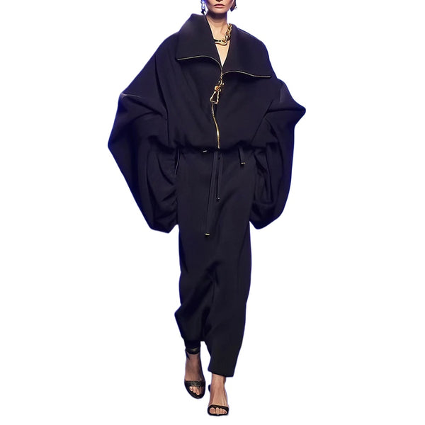 Solid Spliced Metal Zipper Jacket for Women Hooded Batwing Sleeve Patchwork Drawstring Hem Loose Sport Casual Jackets Female