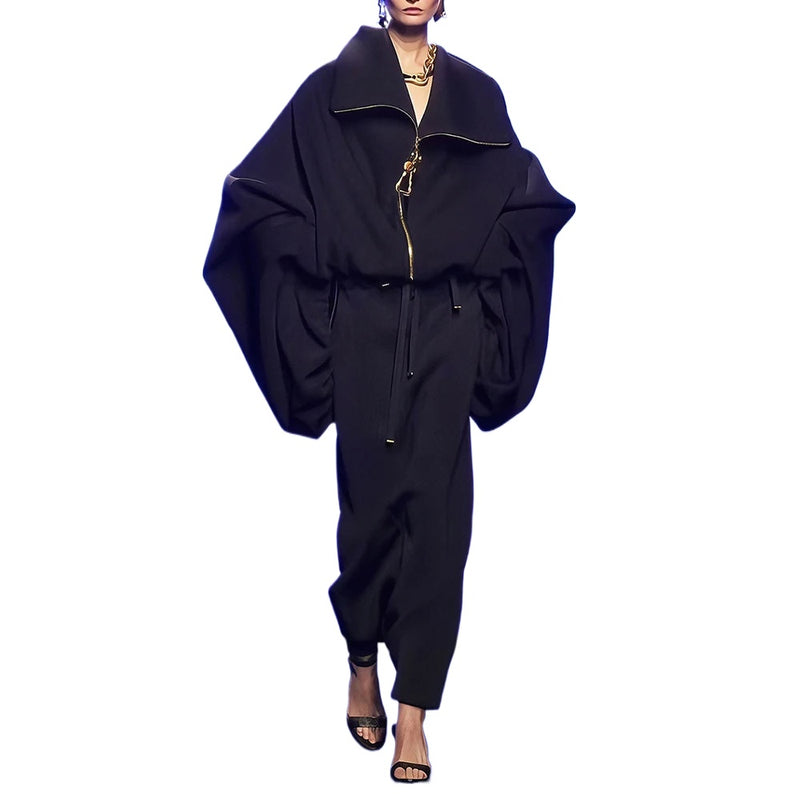 Solid Spliced Metal Zipper Jacket for Women Hooded Batwing Sleeve Patchwork Drawstring Hem Loose Sport Casual Jackets Female