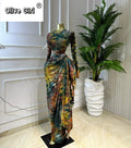 Women Print O-neck Ruched Ribbon Bodycon Long Dress 2026 Spring Street Evening Birthday Club Party Vestidos Sexy Dresses