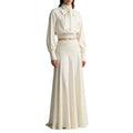 Elegant Chic Apricot Two Piece Set for Women Scarf Collar Puff Sleeve Blouse Midi Waist Flowy Skirt for Office Formal Events