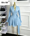 Women Tie Dye Print Flare Long Sleeve Wrap V-neck with Sashes Ruffle Dress 2026 Elegant Vacation Party Birthday Dresses