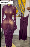 Women Flare Long Sleeve Stacked Ruched Mesh See Though with Tank Dress Maxi Long Dress 2025 Birthday Sexy Party Dresses