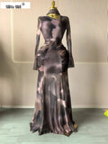 Women Tie Dye Printed Skew Neck Flare Long Sleeve Ruched Stacked Maxi Long Dress  Summer Birthday Sexy Party Dresses