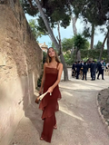 Brown Glitter Chiffon Tiered Maxi Dress Elegant One Shoulder Square Neck Flowy dresses 2026 Summer Formal Wedding  Party gowns