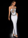 White Sexy One-Shoulder, Off-The-Shoulder, Rhinestone, Backless,One-Shoulder Tight, Hip-Hugging Bandage Dress