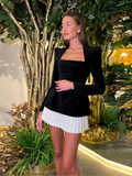 Hit Color Slimming Minimalist Dresses for Women Square Neck Long Sleeve High Waist Temperament Dress Female