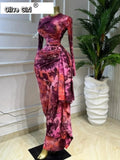Women Tie Dye Print O-neck Ruched Ribbon Long Dress 2026 Spring Street Evening Birthday Club Party Vestidos Sexy Dresses