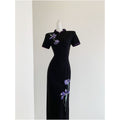 Black Retro Modified Short Sleeved Cheongsam Dress Embroidered with Flowers 2026 Slim and Sophisticated Suitable for Daily Wear