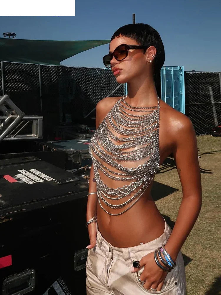 Hollow Chain Camisole Women Y2K Sexy Summer Coquette Backless Low-Neck Halter Midnight Clubwear Beach Vacation Vest