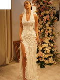 Customized Elegant High Necklink Wedding Dresses Sleeveless Mermaid Bridal Gowns White Side High Split Wedding Gowns