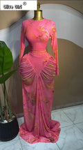 Women Tie Dye Printed Stacked Ruched Long Sleeve Midi Bodycon Maxi Long Dress Birthday Party Education Trendy Dresses