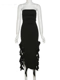 Elegant Strapless Dress Women Irregular Tassel 2023 Summer Trend Skinny Split Maxi Bodycon Birthday Party Clubwear