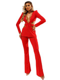 Red Sexy V-neck Long Sleeve Jacket+High Waist Flare Pants Blazer Set Women'S 2026 New Hollow Out Designer Two-Piece Set