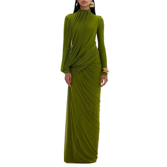 Elegant Vintage Spliced Ribbon Dresses for Women Turtleneck Long Sleeve Irregular Folds Evening Luxurious Maxi Dress Female