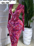 Women Printed Deep V-neck Stacked Ruched Bodycon Midi Maxi Dress 2026 Birthday Holiday Party Trendy Dresses Vestidos