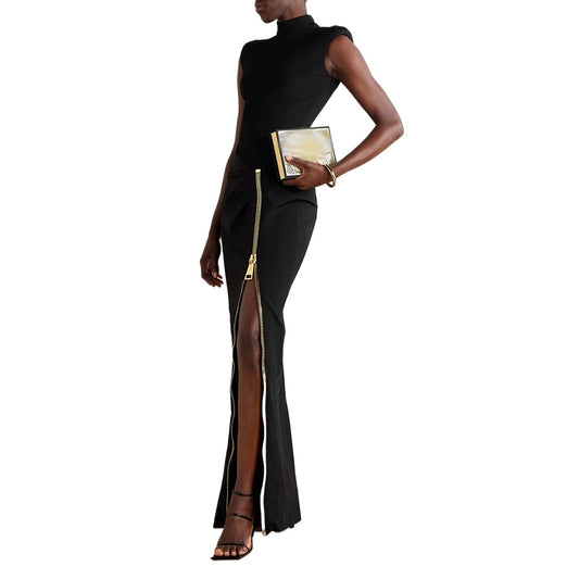Sexy Spliced Zipper Split Slimming Dresses for Women Stand Neck Sleeveless High Waist Temperament Evning Long Dress Female