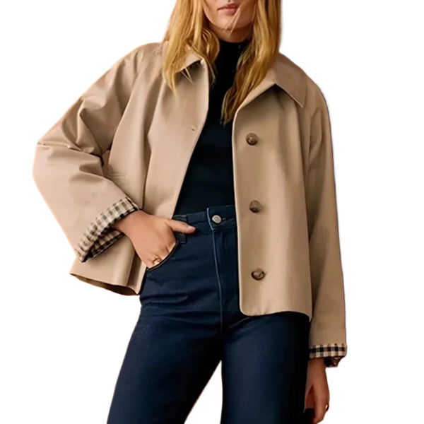 Check Hit Color Short Jacket for Women Lapel Long Sleeve Spliced Buttons Vintage Basics Coats Female Fashion Autumn