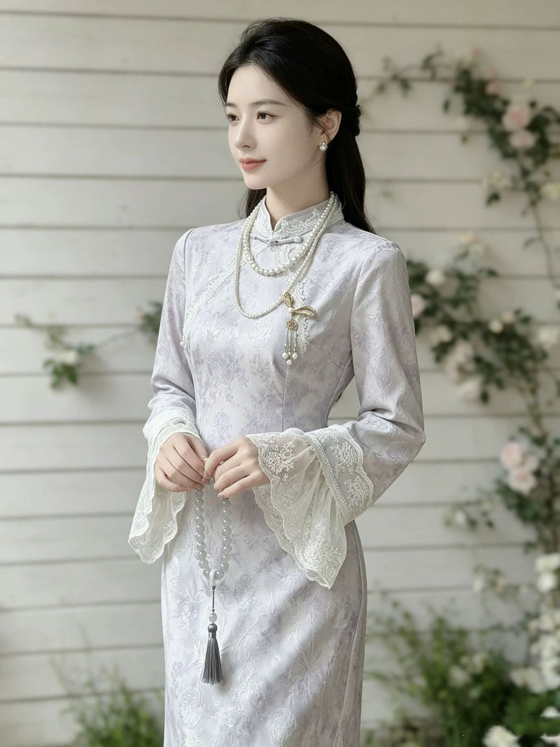 Improved Trumpet Sleeve Cheongsam Women's Autumn New Style Chinese Style Retro Standing Collar Buckle Cinched Waist Purple Dress