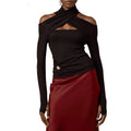 Sexy Off Shoulder Hollow Out Slim T Shirt for Women Halter Long Sleeve Spliced Metal Buckle Temperament Tees Female Fashion