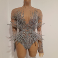 Sexy Sparkling Crystal Bodysuit Long Sleeve See Through Mesh JumpsuitEvening Party Bar Dancer Stage Wear For Female Singer