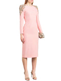 New Arrivals Fashion Luxury Diamond Slim Midi Dress Pink Women'S Long Sleeves Female Formal Dinner Gowns