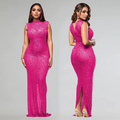 Fall Diamonds Hot Rhinestones O-neck Women Sleeveless Bodycon Long Dress Birthday Party Evening Prom Maxi Dresses
