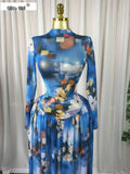 Women Long Sleeve Tie Dye Print O-neck Big Swing Midi A-line Long Maxi Dress 2026 Elegant Evening Birthday Party Dresses