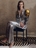 Fashion 2026 Designer Suit Set Women'S Sequin Glitter Blazer Flare Pants Suit Two Piece Set Elegant Silver Outfit