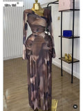 Women Tie Dye Printed Skew Neck Flare Long Sleeve Ruched Stacked Maxi Long Dress  Summer Birthday Sexy Party Dresses