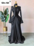 Women Skew Neck Flare Long Sleeve Ruched Stacked Maxi Long Dress Fall Birthday Evening Sexy Party Dresses with Scarf