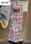 Women Leaf Print Long Sleeve O-neck Wrap Front Pleated Dress 2026 Elegant Romantic Vacation Party Birthday Dresses