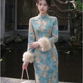 2026 Autumn and Winter Dress Velvet Thickened Long-sleeved Cheongsam Qipao White Jacquard Gentle and Elegant Long Dress
