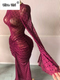 Women Flare Long Sleeve Stacked Dot Mesh See Though with Lining Maxi Long Dress 2025 Evening Birthday Sexy Party Dresses