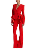 Red V-Neck Irregular High Waisted Blazer Suit Jacket High Waisted Long Pants Set Formal Women'S Two-Piece Set