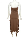 Elegant Strapless Dress Women Irregular Tassel 2023 Summer Trend Skinny Split Maxi Bodycon Birthday Party Clubwear