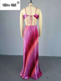 Elegant Sleeveless Sweet Strapless Gradient Floor-Length Long Women Dress Beach Party Evening Sexy Pleated Dresses