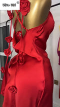 Women Floral Applique Sleeveless Strap Midi A-line Dress Summer Holiday Birthday Sexy Club Party Evening Dresses