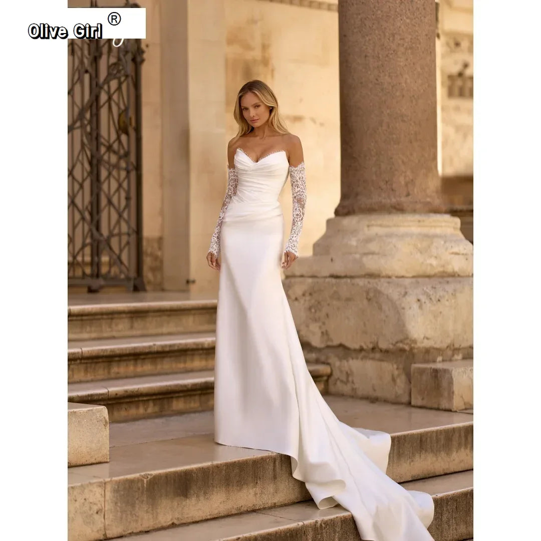 Sweetheart Neck Long Train Prom Dress Wedding Dress Lace Applique vestidos de noche Twist Ruched Elegant Evening Dresses