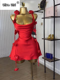 Women Floral Applique Sleeveless Strap Midi A-line Dress Summer Holiday Birthday Sexy Club Party Evening Dresses
