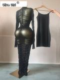 Women Flare Long Sleeve Stacked Ruched Mesh See Though with Tank Dress Maxi Long Dress 2025 Birthday Sexy Party Dresses