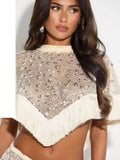 Silver Sequin Fringe 2 Piece Outfit Chic High‑neck Crop Top Mini Skirt Set 2026 Summer Beach Nightclub Party Women Matching Suit
